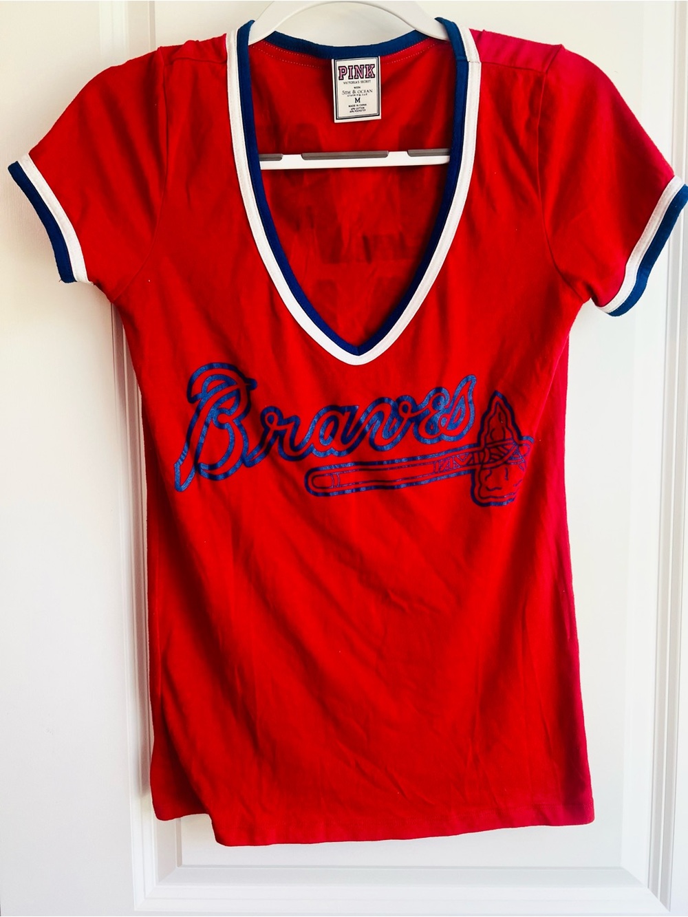 PINK Victoria's Secret Red V‑Neck Braves Logo Tee with Navy Trim size M